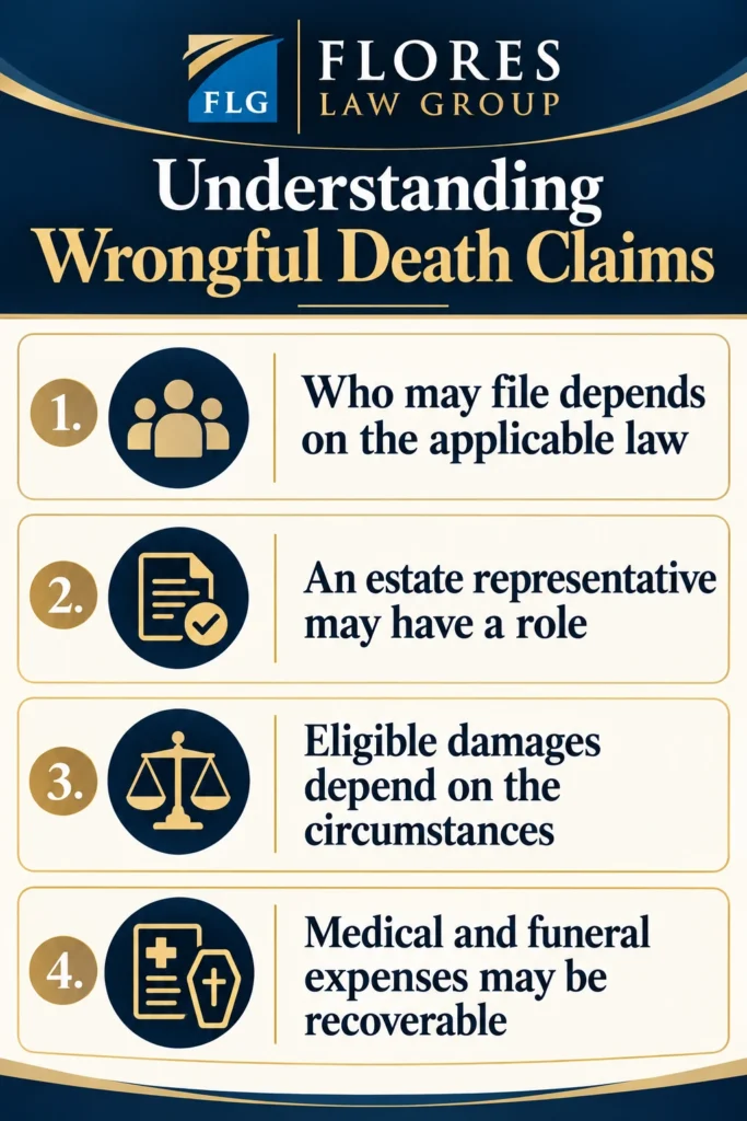 Wrongful death infographic: who may file, the role of an estate representative, and possible medical and funeral expenses depend on the law and circumstances.